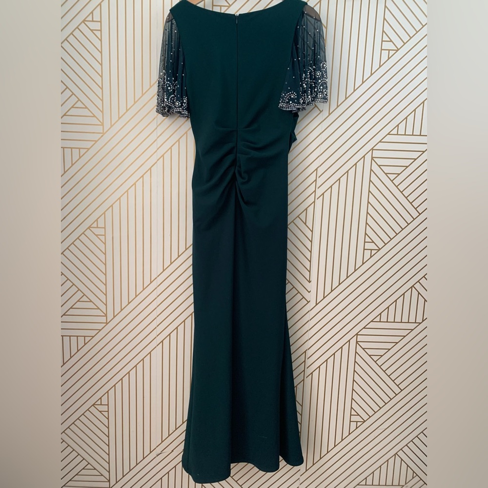 BETSY & ADAM Beaded Flutter-Sleeve Ruched Gown Square Neckline in Pine Green 8 - Picture 11 of 13